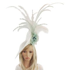 Hats By Cressida Kentucky Derby & Ascot Fascinator Hats Large White Sage Green Caithness Fascinator Hat Beautiful white sinamay upturned base trimmed with a mass of long white feathers and sage green silk roses On a 14 inch sinamay base This fascinator measures about 28cm wide, Feathers are about 20 inches high. Mounted with a matching headband. If you prefer a headband to match your hair, please make a note at check out what colour headband you want. The Caithness Fascinator Hat is a modern and Elegant Mini Hats For Wedding And Carnival, Elegant Wedding Fascinator For Carnival, Wedding Carnival Fascinator, Fitted Wedding Fascinator For Carnival, Elegant Hats For Wedding And Carnival, Elegant Mini Hats With Feathers For Carnival, Elegant Fitted Fascinator For Carnival, Elegant Fitted Carnival Fascinator, Fitted Mini Hats For Church Carnival