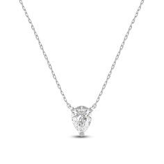 Add instant glamour to your daily wear with this pear solitaire necklace. The white gold pendant features a stylized three-prong basket securing pear-cut diamond that points downwards. This necklace delivers a subtle sparkle that can go from office to evening wear with ease. Timeless Teardrop Solitaire Necklace In White Gold, Timeless White Gold Teardrop Solitaire Necklace, Classic Teardrop Pendant Drop Necklace With Brilliant Cut, White Gold Solitaire Teardrop Necklace In Cubic Zirconia, Classic Solitaire Teardrop Necklace With Diamond Accents, Classic Teardrop Solitaire Necklace With Diamond Accents, White Gold Teardrop Solitaire Necklace With Cubic Zirconia, Classic Solitaire Necklace With Diamond Accents And Teardrop Shape, White Gold Cubic Zirconia Teardrop Solitaire Necklace