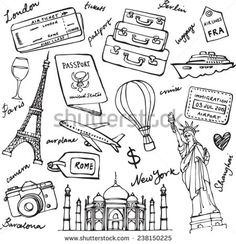 hand drawn travel and tourism icons on white background illustration in sketch style stock illustratie