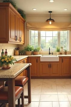 Kitchen With Honey Oak Cabinets, Natural Stone Backsplash, Grey Countertops