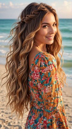 Boho Hairstyles Long Hair, Beach Hair For Wedding, Long Hair Wedding Styles Braid, Long Hairstyle Braid, Hairstyles For Beach Photoshoot, Beach Waves With Braids Hairstyles, Braided Hair Styles For Wedding, Wedding Hair For Beach Weddings, Long Boho Hairstyle