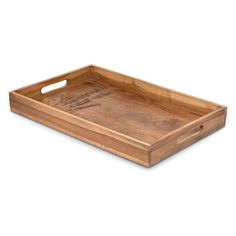 a wooden tray with writing on the bottom and handles is shown in front of a white background