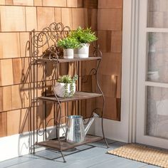 a metal shelf with two plants on it next to a door and a potted plant