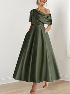 A-Line/Princess One-shoulder Half Sleeve Ankle-Length Mother of the Br - Mondressy Off Shoulder A Line Dress, 2 Piece Mother Of The Groom Dresses, Formal Dress For Short Women, Mother Of The Bride Outdoor Wedding, Elegant Guest Wedding Dress, Mother Of The Bride Dresses Casual, Plus Mother Of The Bride Dresses, Mother Of The Bride Dresses Sage Green, A Line Mother Of The Bride Dresses