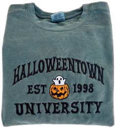 Fall College T-shirt With Embroidered Graphics, Embroidered Graphics T-shirt For College In Fall, College Fall Sweatshirt With Embroidered Text, Embroidered Text T-shirt For College In Fall, Fall College Sweatshirt With Embroidered Text, Casual Halloween Top With Embroidered Logo, Embroidered Fall College T-shirt, Fall College Embroidered T-shirt, Fall College T-shirt With Embroidered Logo