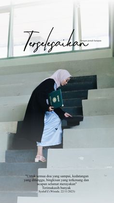 a woman is walking up some stairs with a book in her hand and the words topangan on it