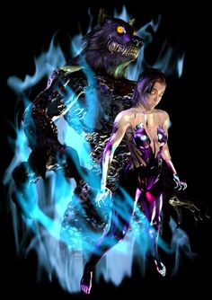 an animated image of a woman in front of a demonic creature with glowing blue flames