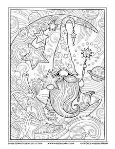 an adult coloring page featuring a wizard with stars and swirls on his head, holding a wand