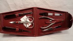 Here is a quality women’s manicure set inside an alligator grained leather case. The rich leather and classic design makes this one of the best designed travel sets anywhere.  This manicure set is very organized inside.  All the tools slip in a  loop for for easy replacement.   Nice.  We are a good place to find a unique manicure set online.  You get a nail clipper, nail scissor, nail file, tweezers, and two cuticle pushers.. The tools are stainless steel from Italy.  Retail 100.00 Unique Manicure, Cuticle Pushers, Nail Scissors, Manicure Set, Travel Set, Beauty Nail, Manicure E Pedicure, Nail Clippers, Tweezers