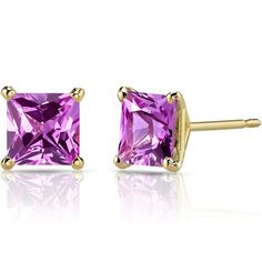 Enjoy the look of expensive jewelry with this 14 Karat Yellow Gold Pink Sapphire Earrings without breaking the bank. Prices are always factory direct. Style E18984 Jewelry Questions, Sapphire Stud Earrings, Paris Jewelry, Pink Sapphire Earrings, Blue Sapphire Necklace, Princess Cut Gold, Sapphire Earrings Studs, Sapphire Studs, Classic Earrings