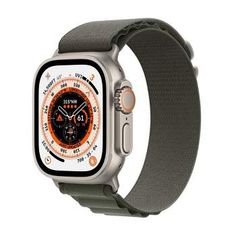 the apple watch series 4 is shown with an orange and white sport band