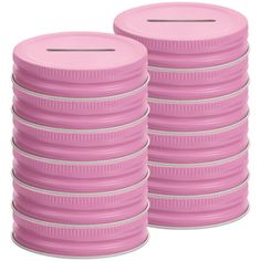 stack of pink plastic cups on white background