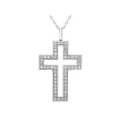 Featuring a cross design that is decorated with shimmering diamonds, this sterling silver pendant provides a divine way to update your ensemble. Featuring a cross design that is decorated with shimmering diamonds, this sterling silver pendant provides a divine way to update your ensemble.Click on this JEWELRY & WATCHES GUIDE to learn about fit, styles, materials and more! Clasp: lobster claw Metal: sterling silver Chain length: adjusts to 16 in., 17 in. & 18 in. Packaging: boxed Plating: rhodium Sterling Silver Cross Pendant With Pave Setting, Sterling Silver Pave Setting Cross Pendant Jewelry, Diamond White Cross Pendant Necklace With Pave Setting, Diamond White Necklace With Pave Setting Cross Pendant, Hallmarked Diamond Cross Necklace, Luxury White Gold Cross Necklace With Diamond Accents, White Gold Cross Pendant Necklace With Pave Setting, White Gold Cross Necklace With Single Cut Diamonds, White Gold Diamond Cross Pendant Necklace With Pavé Setting