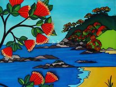 a painting of red flowers by the ocean