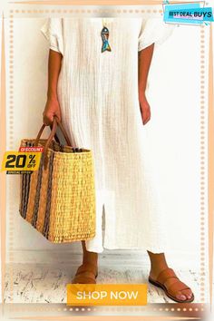 Women's Solid Cotton Casual Loose Dress Long Shift Midi Dress For The Beach, Casual Solid Color Beach Sundress, Casual Solid Color Midi Dress For Beach, Summer Daywear Shift Dresses, Summer Shift Dress For Daywear, Long Solid Color Beach Dress, Solid Color Shift Midi Dress For Vacation, Beach Shift Midi Dress In Solid Color, Knee-length Solid Color Sundress For Beach