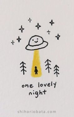 a drawing with the words one lovely night written in black and yellow on white paper