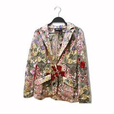 Embroidered Blazer Long Sleeve Collar Button Front Faux Front Pockets Non Stretch 100% Polyester Spring Party Outerwear With Floral Embroidery, Spring Party Embroidered Outerwear, Spring Party Outerwear With Floral Print, Embroidered Lapel Collar Outerwear For Fall, Embroidered Red Outerwear For Spring, Red Embroidered Outerwear For Spring, Red Outerwear With Floral Embroidery For Spring, Spring Red Outerwear With Floral Embroidery, Red Floral Embroidered Outerwear For Spring