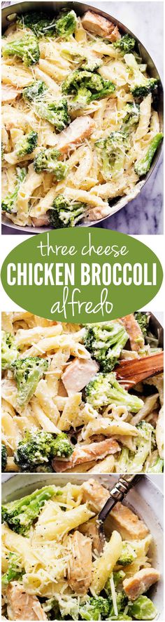 chicken broccoli alfredo in a skillet with text overlay