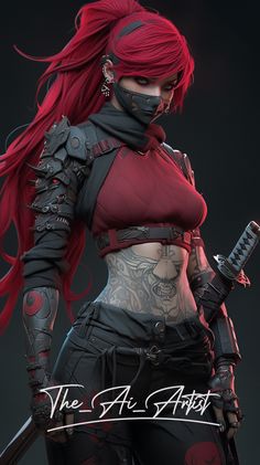 a woman with red hair and tattoos holding a knife in her hand, wearing armor