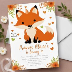 a birthday card with an image of a fox on it and flowers around the edges