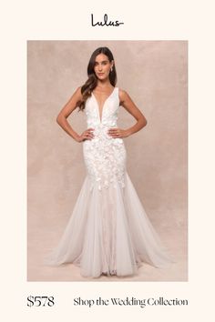 a woman in a white wedding dress with the words lulla's shop the wedding collection