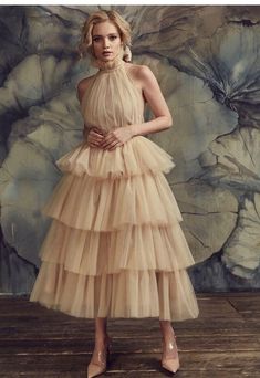 Tulle High-Neck Champagne Prom Gown with Tiered Skirt · NarsBridal · Online Store Powered by Storenvy Beige Dress, Layered Skirt, Party Gowns, Tiered Skirt, Prom Gown, High Collar, Perfect Dress, Blush Pink, Custom Color