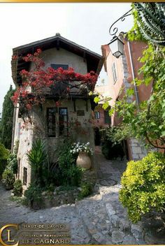 a house with flowers growing on the outside and in front of it is surrounded by greenery