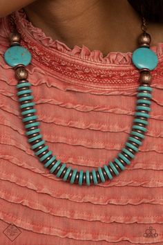 Flanked by ornate copper beads, two oversized turquoise stones give way to a strand of alternating rustic copper and refreshing turquoise discs. As the discs layer in place, they build into an authentically artisan statement piece that falls just below the collar. Features an adjustable clasp closure. 2020s Fashion, Turquoise Jewelry Necklace, November Fashion, Turquoise Bag, Paparazzi Fashion, Blue Stone Necklace, Lampwork Jewelry, 12 November, Jewelry Antique