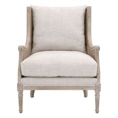 an upholstered chair with beige linen and wood legs, on a white background