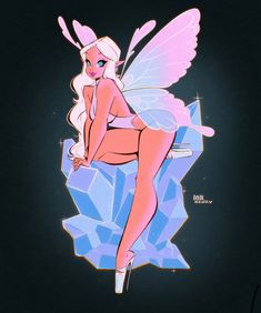 a drawing of a fairy sitting on top of a blue ice block with her legs spread out