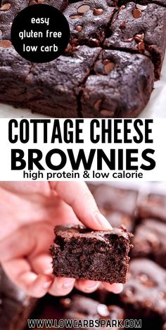 chocolate brownies cut in half and stacked on top of each other with text overlay reading cottage cheese brownies high protein low carb