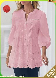 Light Pink Hollow Embroidery Crinkle Chest Blouse Long Tops For Women, Embroidery Light, Cotton Tops Designs, Stylish Tunic, Light Pink Blouses, Stylish Tops For Women, Spring Pattern, Trendy Tops For Women, Trendy Fashion Tops