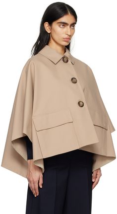 Cotton twill cape-style jacket. · Spread collar · Button closure · Flap pockets · Button fastening at cuffs · Central vent at back hem Supplier color: Sand Luxury Neutral Outerwear With Hidden Button Closure, Modern Spring Outerwear With Double-breasted Button Fastening, Luxury Modern Outerwear With Double-breasted Button Fastening, Luxury Button-up Outerwear With Hidden Button Closure, Luxury Beige Button-up Outerwear, Cape Style, Jacket Buttons, Max Mara, Cotton Twill