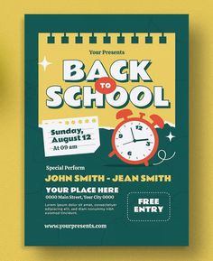 the back to school flyer is shown with an alarm clock