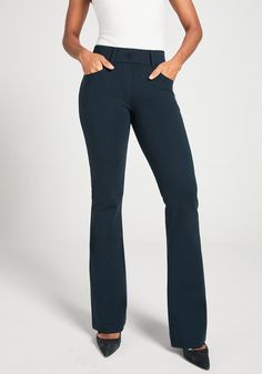 Striking the perfect balance between versatility and comfort, the 7-pocket pant is made of a luxuriously cozy 4-way stretch ponte fabric, thoughtfully featuring three hidden pockets that add practicality. The bootcut fit lengthens and pairs perfectly with a heeled shoe—and is ideal for both relaxing at home and a busy day at the office. Slim-fitting through hips and thighs with a mid rise, designed to be worn just below the natural waist. If you’re between sizes, we recommend making your selecti Versatile Stretch Yoga Pants, Straight Cut, Casual Yoga Pants With Pockets And 4-way Stretch, Stretch Pants With Side Pockets And 5-inch Inseam, Elastane 4-way Stretch Yoga Pants With Side Pockets, Fitted Elastane Pull-on Pants, Dress Yoga Pants, Pant Trousers Women, Navy Blue Dress Pants, Ponte Fabric