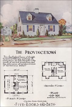 an old house with blue roof and white trim, the plan is shown in this drawing