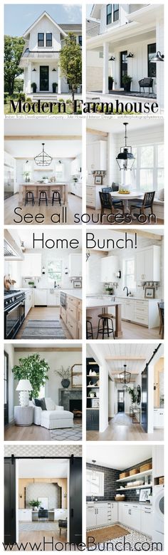 a series of photos showing different rooms and furniture in the same room, with text that reads modern farmhouse see all about home bunch