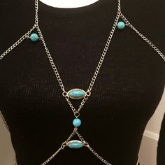 Body Harness Chains, Natural Turquoise Beads, Stainless Steel Chain -100% Hand Made - Beautiful Elegant Chained Harness. - Closes At The Back Of Neck And Lower Back With A Clasp Chain. - Stainless Steel Curb Cable Chain, 5.4 Mm Wide. - 4 Silver Clasps On Each End. - 2 Turquoise, Material: Zinc Alloy (Lead And Nickel Free)/Turquoise Stone - 3 Smooth Natural Turquoise Beads, 10mm Size. - Waist Around It Extends Up Inch's. -From Neck Back It Extends Up To Inch's. -Quantity: 1 Pcs -Easy To Wear And Donna Karan Cashmere Mist, Cashmere Mist, Body Chain Harness, Chain Harness, Vintage Egg Cups, Chanel Bracelet, Blue Bodysuit, Lace Kimono, Body Harness