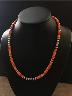 Sterling Silver Orange Spiny Oyster Bead Necklace. 18 inch Southwestern Hand-strung Round Necklace, Southwestern Single Strand Jewelry With Round Beads, Southwestern Single Strand Necklace With Round Beads, Southwestern Style Round Beaded Necklaces With Large Beads, Southwestern Style Single Strand Round Beads Jewelry, Southwestern Beaded Necklaces With Spacer Beads, Southwestern Style Round Beaded Necklaces With Spacer Beads, Southwestern Single Strand Beads For Gifts, Handmade Southwestern Orange Necklace