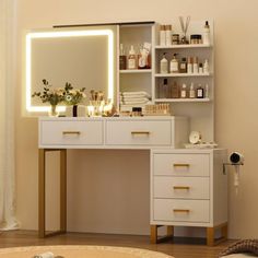 a white vanity with lighted mirror and shelves filled with personal care items in front of it