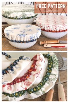 three different bowls with christmas decorations on them and the words free pattern in red white and blue