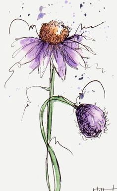 a drawing of a purple flower with a bug on it