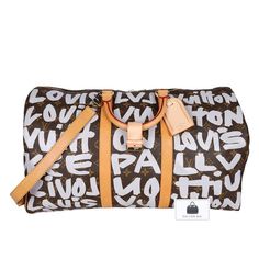 Authentic Louis Vuitton Stephen Sprouse Monogram Keepall 50 graffiti limited edition duffle bag. Features brown monogram and white graffiti-coated canvas, dual rolled handles, natural cowhide leather trim, graffiti print by Stephen Sprouse, and gold-tone hardware. Its top zip closure opens to a brown fabric interior. Includes a removable shoulder strap with a shoulder guard. Take this amazing duffle bag on a trip or use it as a really great gym bag. Either way, you will love it! Listing is for t Luxury White Bag With Logo Print, Shoulder Guard, Stephen Sprouse, White Graffiti, Leather Formal Shoes, Quality Handbags, Graffiti Prints, Brown Fabric, Waist Bags