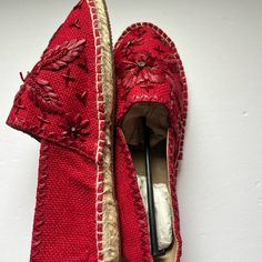 Antik Batik For Johnny Was Tori Espadrilles Red Embroidered Size 38 Us Size 8/ 7.5 New Without Box Msrp $210 Braided Jute And Raffia Made By Antik Batik Floral Details Slip-On Design Beautiful! Be Careful With Sizing 38 Fits 7.5 And 8 Red Closed Toe Espadrilles For Spring, Casual Red Closed Toe Espadrilles, Spring Slip-on Espadrilles With Red Sole, Red Closed-toe Espadrilles, Red Flat Espadrilles For Summer, Red Flat Espadrilles With Woven Sole, Red Flat Espadrilles For Beach, Red Flat Espadrilles For The Beach, Red Espadrilles For Vacation