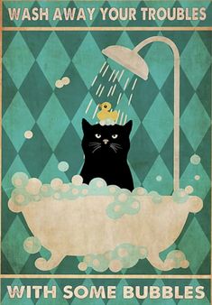 a black cat sitting in a bathtub under a faucet with soap bubbles