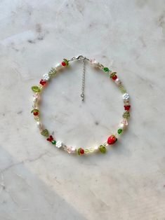 Strawberry Garden Necklace, Freshwater Pearl Necklace - Etsy Strawberry Seed Bead Necklace, Cottagecore Beaded Necklace, Strawberry Choker, Cute Strawberry Jewelry, Strawberry Pearl Necklace, Strawberry Jewelry, Strawberry Necklace, Strawberry Garden, Bead Work Jewelry