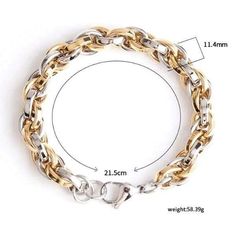 Add a touch of Sophistication to your look with this Polished Two Tone Twisted Oval Womens Chain Bracelet Material: yellow gold & silver plating on stainless steel base mental Measurement: length (8.5 in), width (0.25 in) Who is this for: A women who loves Bold Two Tone Shine that will be noticed in a bracelet. Delivered to your home in an elegant gift box. Important: Please measure your wrist to ensure proper fit. This bracelet is a better fit for larger wrists and would slip off a smaller Elegant Gift, Measurement Length, Base Metal, Chain Bracelet, Gift Bag, Silver Gold, Two Tone, Greeting Card, Silver Bracelet