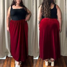 2000s Coldwater Creek Red Velvet Stretch Maxi Skirt. Elastic waist. Tag size 24W. Poly spandex. W 46-64 H 60-70 L 39 Models height: 5'3 Bra size: 44DD Measurements: 50 44 58  Usually wears 1X 2X top 2X 3X bottoms  All sales are final. Reminder these items are vintage, expect wear & age to be present. I do my best to point out flaws. Measurements are taken in inches with the garment laying flat. Measurements are then doubled where appropriate (bust hips waist). Please note I ship about once every Plus Size Vintage, Velvet Skirt, Vintage Velvet, Womens Skirts, Be Present, Coldwater Creek, Bra Sizes, Red Velvet, Women's Skirt