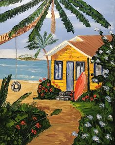 a painting of a yellow house on the beach