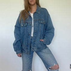 "^ Vintage 90s Soft Dark Blue Denim Jean Jacket Size: XL Mens Size Label Vintage: XL Content: 100% Cotton Label: Faconnable Jeans Designed by A. Goldberg Made in France ^ Model is 5'9\", US 8, size 29, please note specific garment measurements below: * measurements taken flat * Bust: 28\" armpit to armpit buttoned (56\" doubled)  Length: 27\" from HPS  Sleeve Length from Shoulder Seam: 26\" * condition * Excellent Follow us on IG @bbwestvintage https://www.instagram.com/bbwestvintage/ I do not a 90s Style Relaxed Fit Denim Jacket With Long Sleeves, Retro Relaxed Fit Denim Blue Outerwear, Oversized 90s Long Sleeve Denim Jacket, Oversized 90s Denim Jacket With Long Sleeves, 90s Oversized Long Sleeve Denim Jacket, Oversized 90s Denim Jacket For Fall, 90s Oversized Denim Jacket For Fall, 90s Inspired Spring Streetwear Outerwear, Retro Medium Wash Relaxed Fit Outerwear